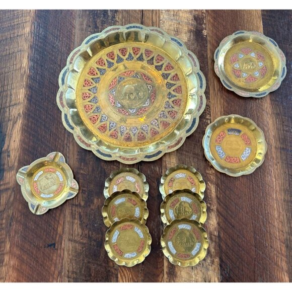 Vintage Handcrafted Indian Etched Brass Elephant & Design Plates & Ashtray Set - Picture 1 of 10